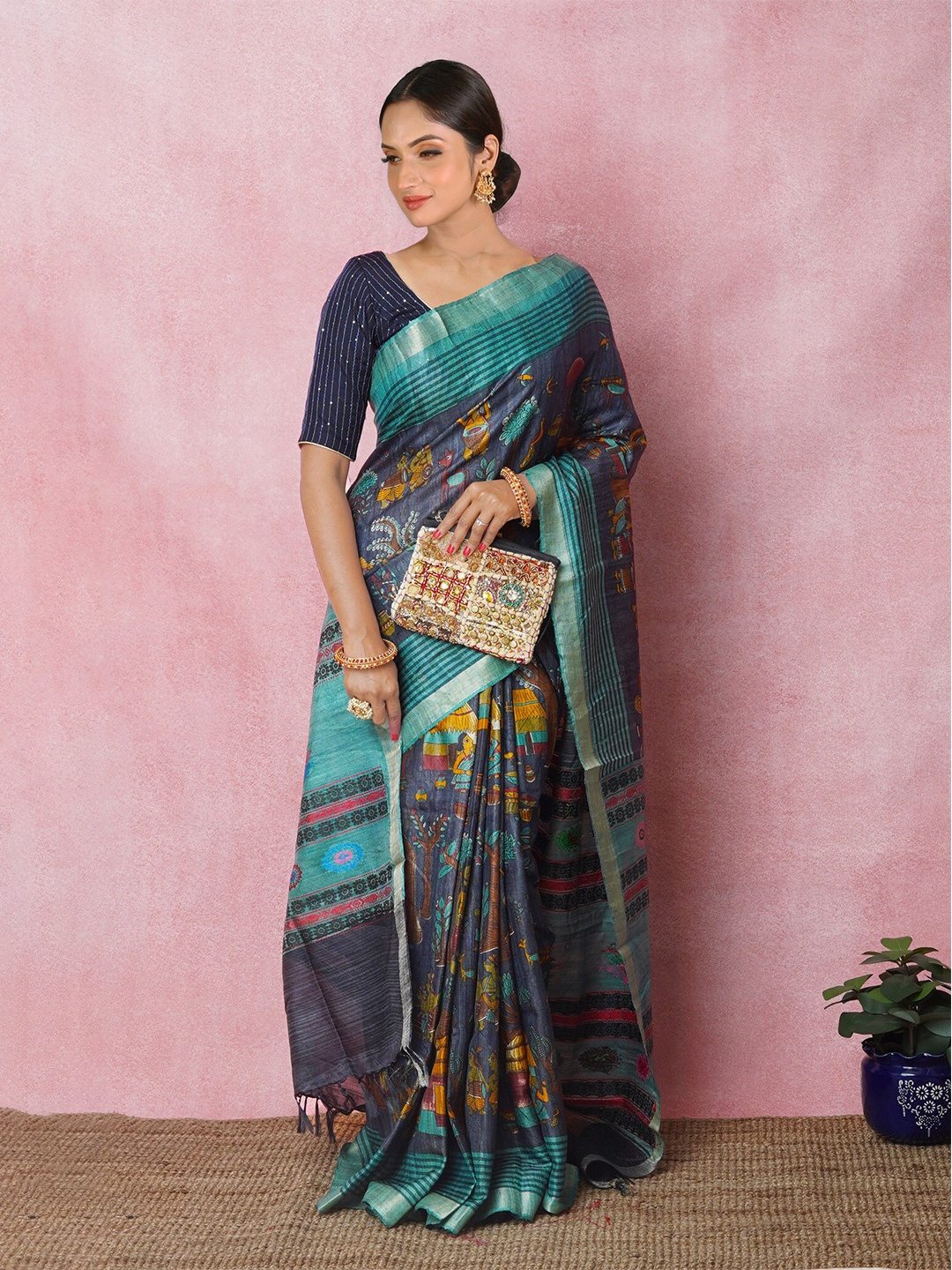 

Unnati Silks Ethnic Motifs Printed Zari Pure Silk Handloom Tussar Saree, Grey