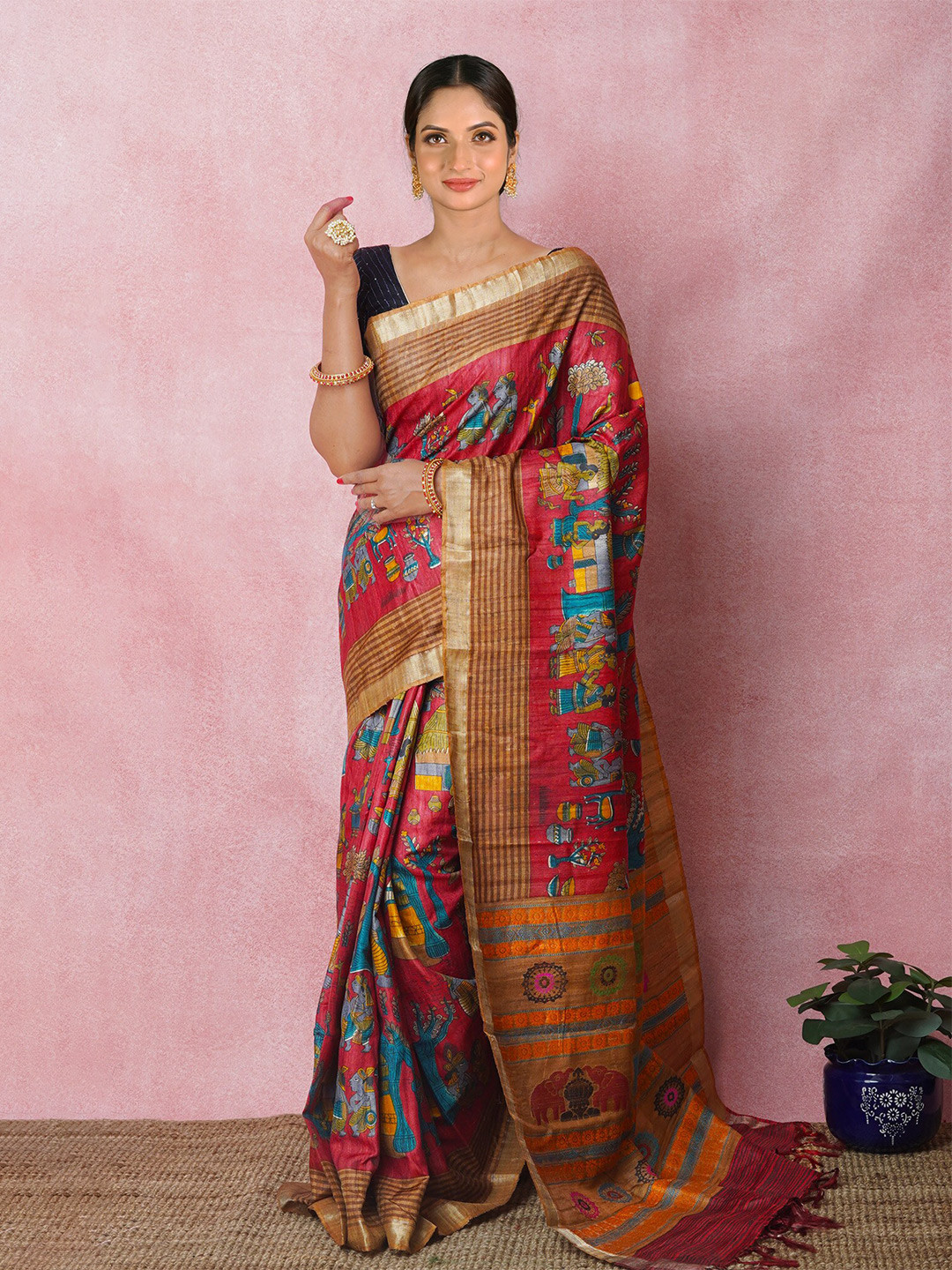 

Unnati Silks Ethnic Motifs Printed Pure Silk Handloom Tussar Saree, Red