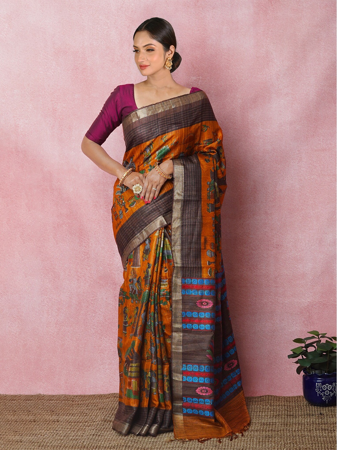 

Unnati Silks Ethnic Motifs Printed Zari Pure Silk Handloom Tussar Saree, Rust