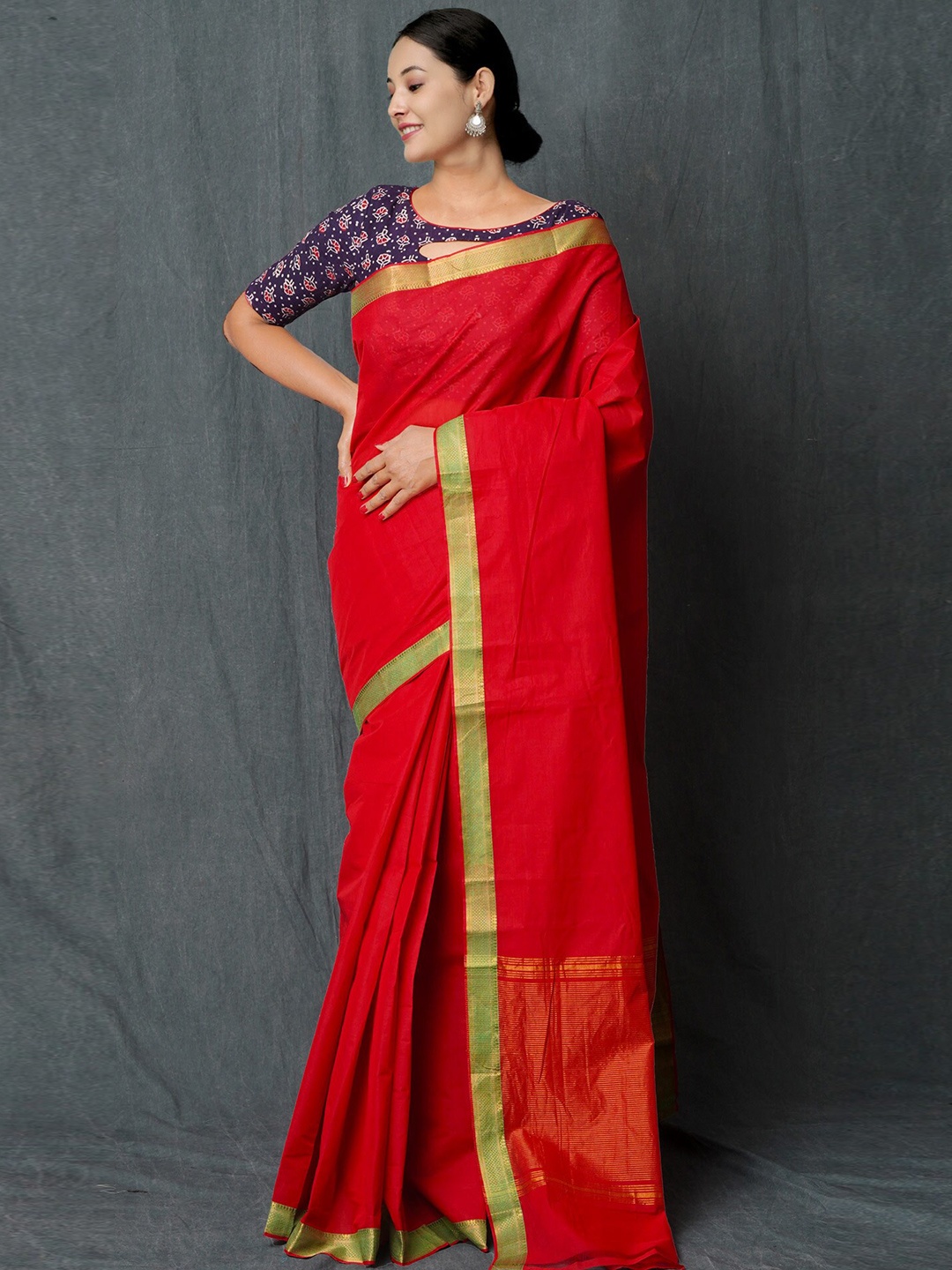 

Unnati Silks Pure Cotton Zari Handloom Mangalagiri Saree, Red