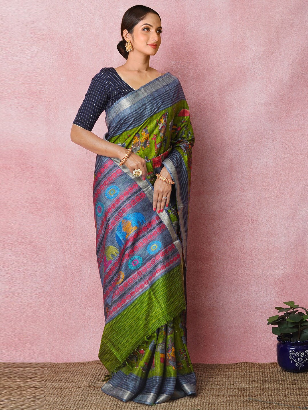 

Unnati Silks Ethnic Motifs Printed Zari Pure Silk Handloom Tussar Saree, Green