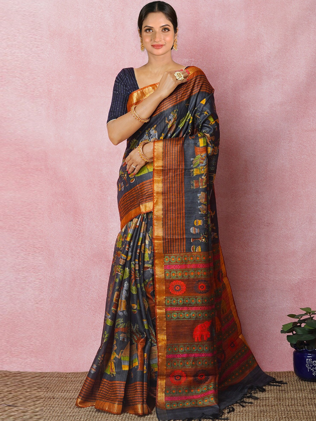 

Unnati Silks Ethnic Motifs Printed Zari Pure Silk Handloom Tussar Saree, Black