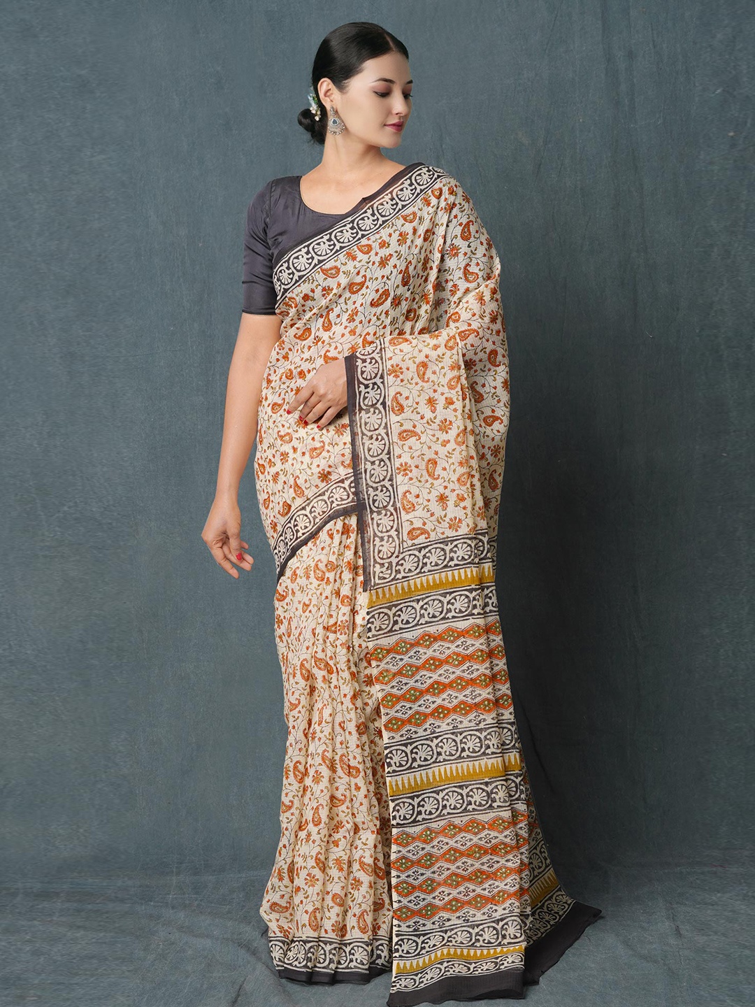 

Unnati Silks Paisley Printed Pure Cotton Kota Saree, Cream