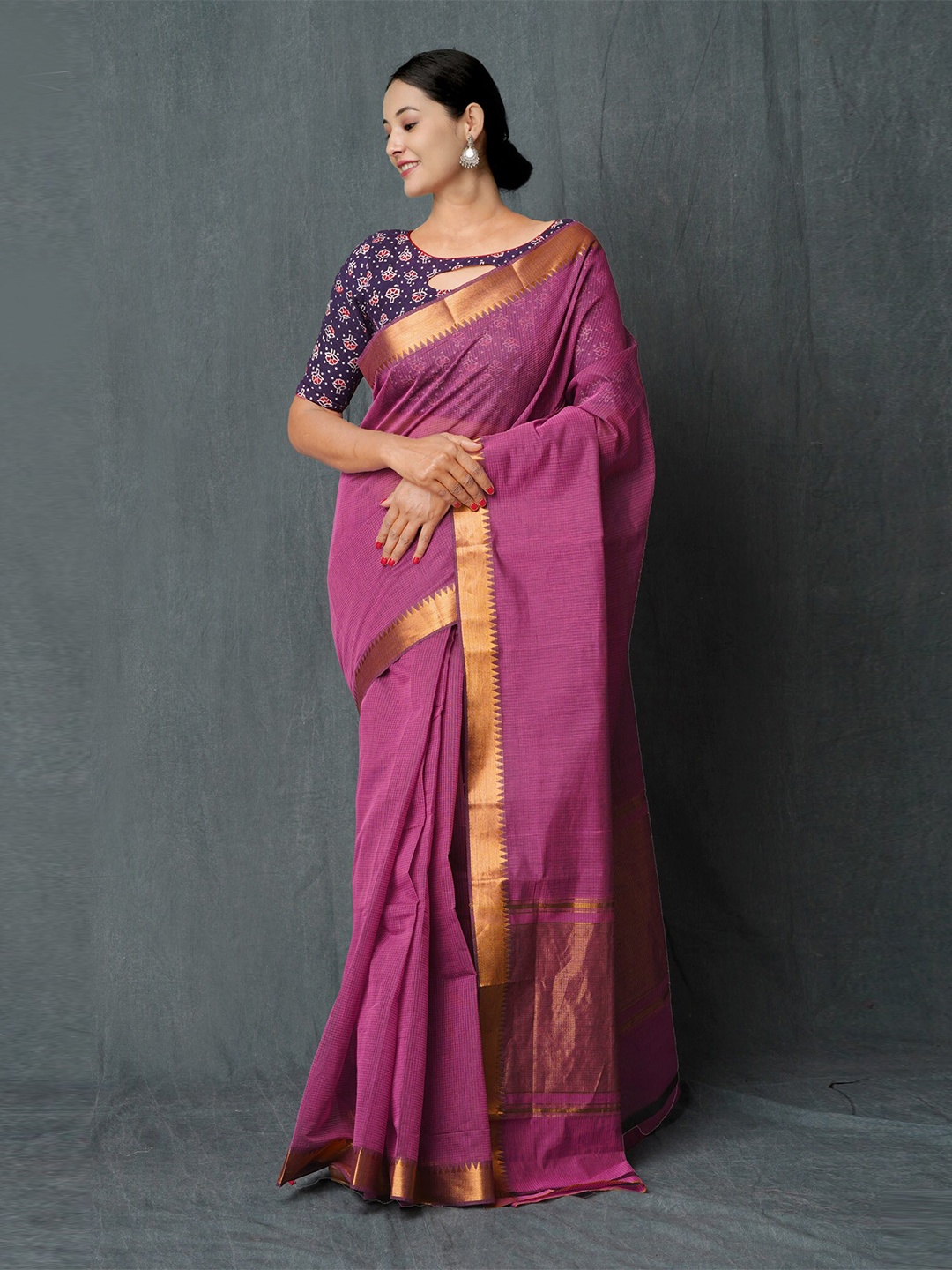 

Unnati Silks Zari Detailed Pure Cotton Handloom Mangalagiri Saree, Purple