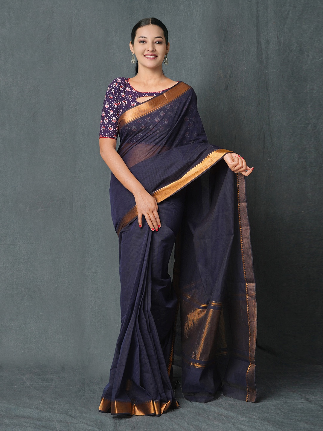 

Unnati Silks Pure Cotton Zari Handloom Mangalagiri Saree, Navy blue