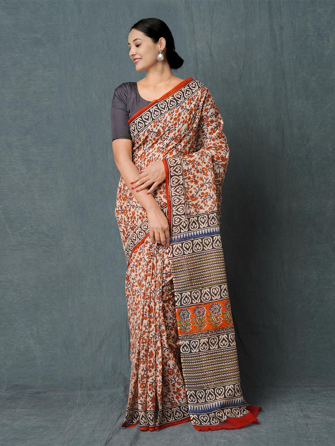 

Unnati Silks Floral Printed Pure Cotton Handloom Kota Saree, Cream