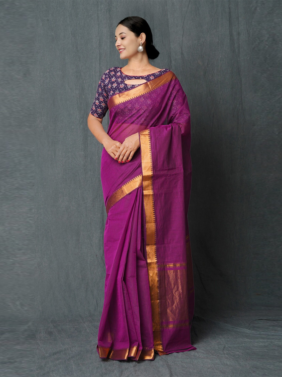 

Unnati Silks Zari Detailed Pure Cotton Handloom Mangalagiri Saree, Violet