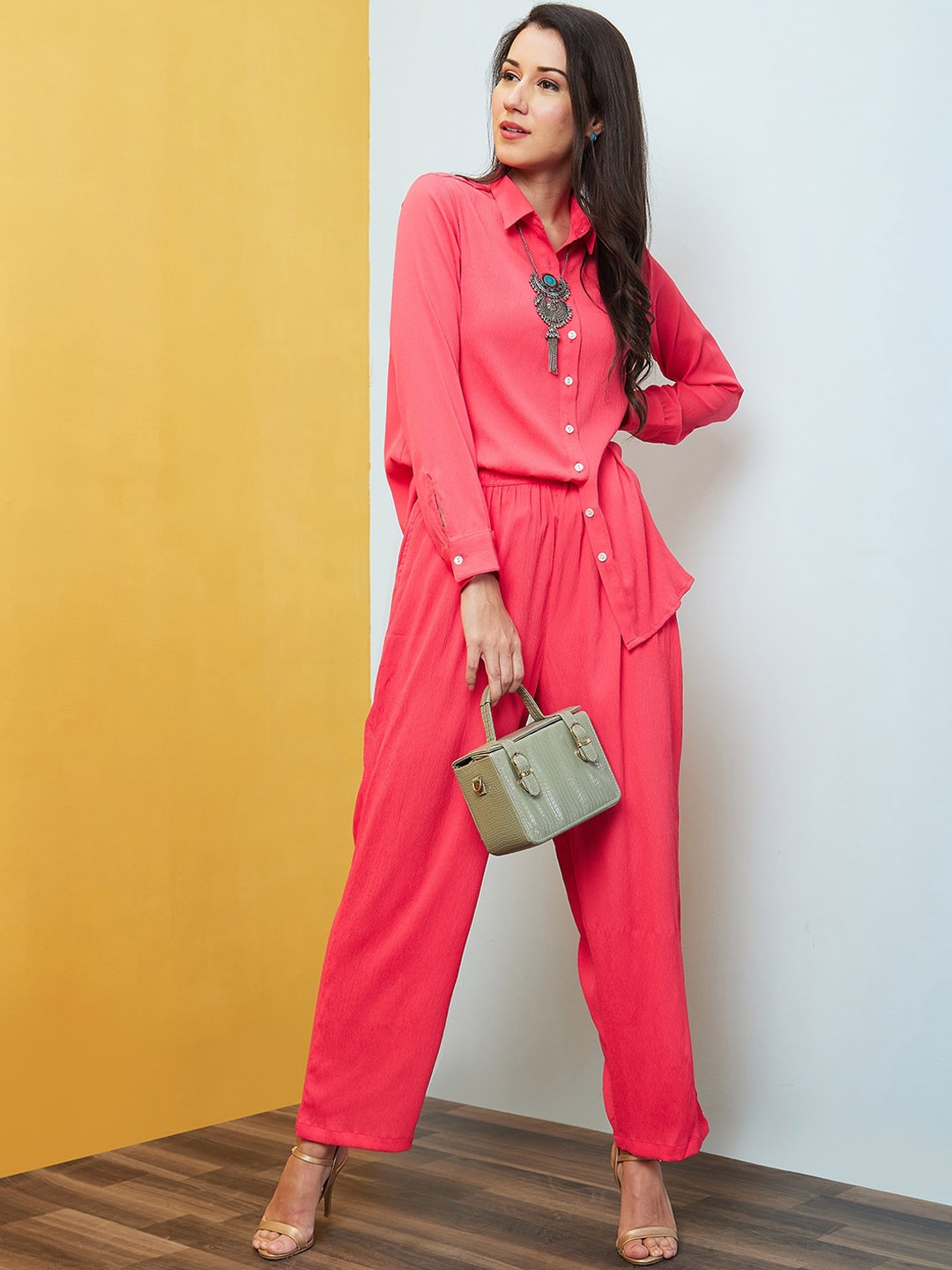 

Globus Pink Shirt Collar Long Sleeves Shirt & Palazzo