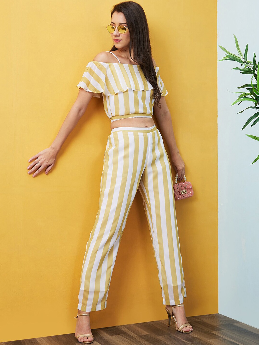 

Globus Women Yellow Striped Off-Shoulder Co-Ord Set With Top & Palazzo