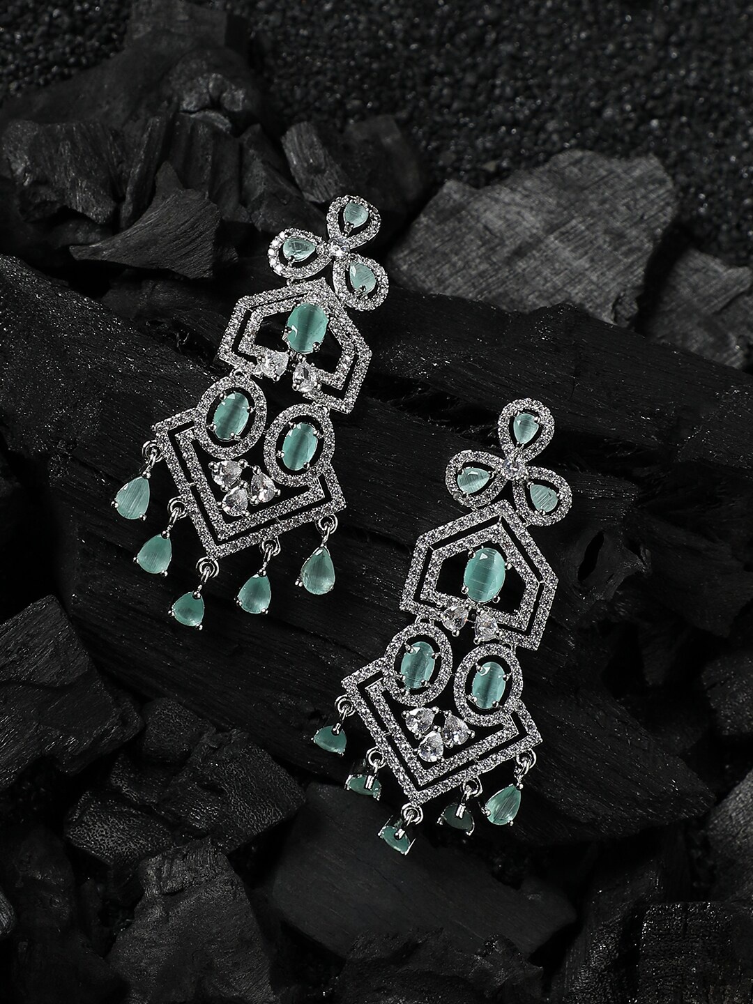 

Anouk Silver-Toned & Green Silver-Plated Crystal Studded Contemporary Drop Earrings