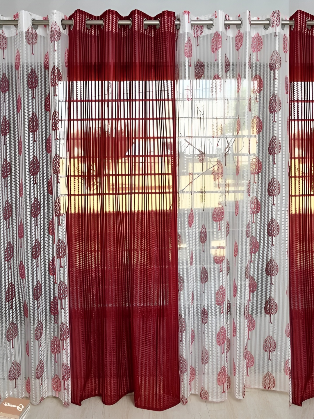 

COMFY HOME Maroon & White 4 Pieces Floral Sheer Window Curtains