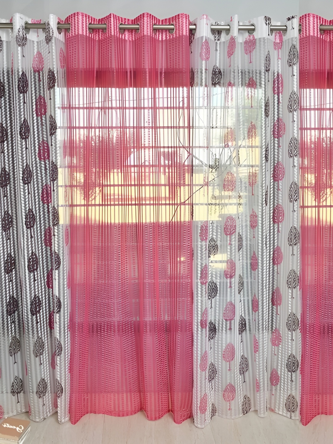 

COMFY HOME Pink & White 4 Pieces Floral Sheer Window Curtains, Violet