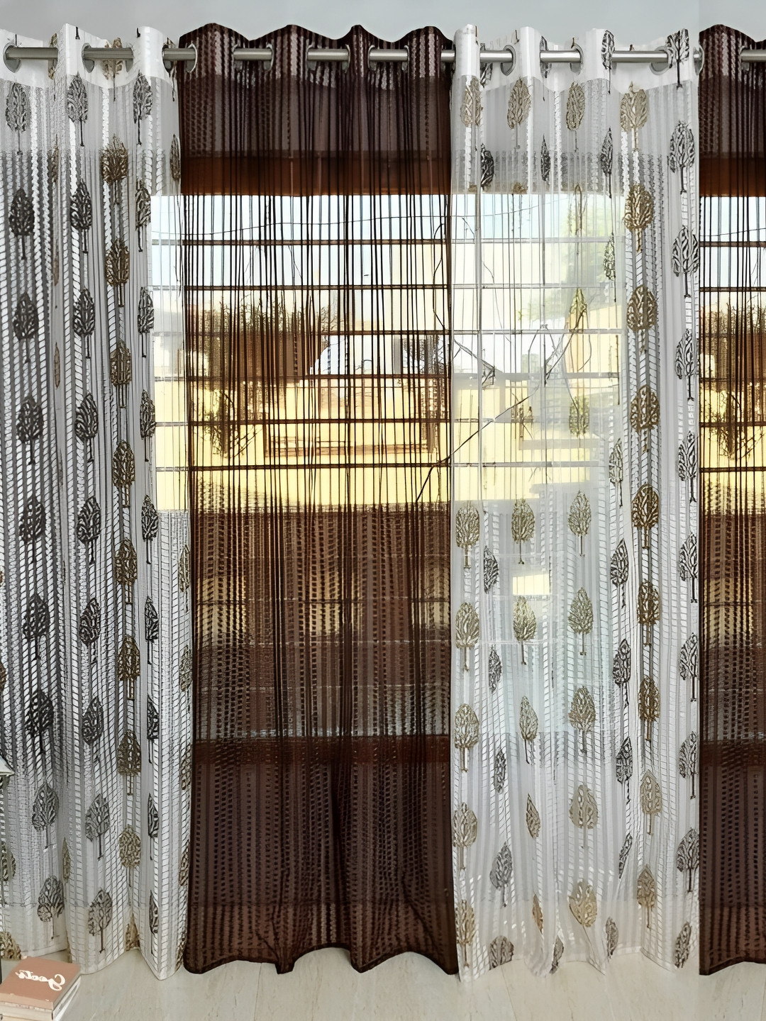 

COMFY HOME Brown & White 4 Pieces Floral Sheer Window Curtains