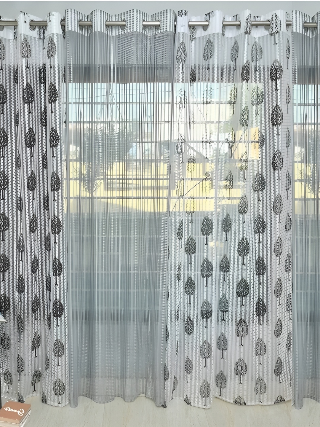

COMFY HOME Grey & White 2 Pieces Floral Sheer Window Curtains