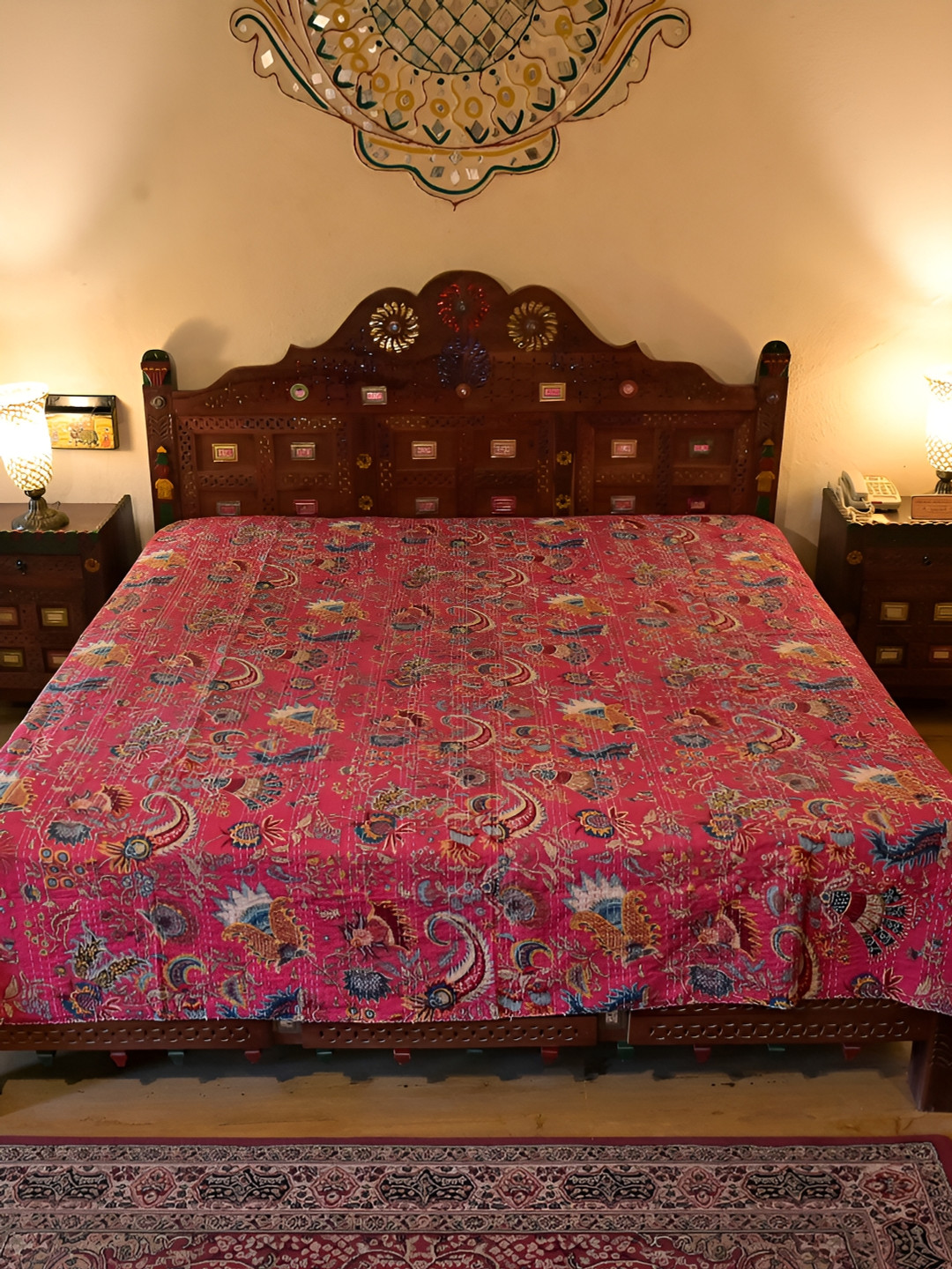 

Chokhi Dhani Kalagram Pink& Yellow Floral Cotton Queen Bedsheet
