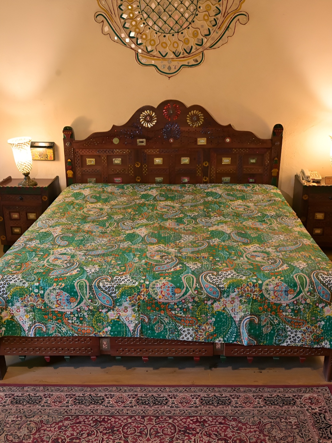 

Chokhi Dhani Kalagram Block Print Green& White Floral Cotton Queen Bedsheet
