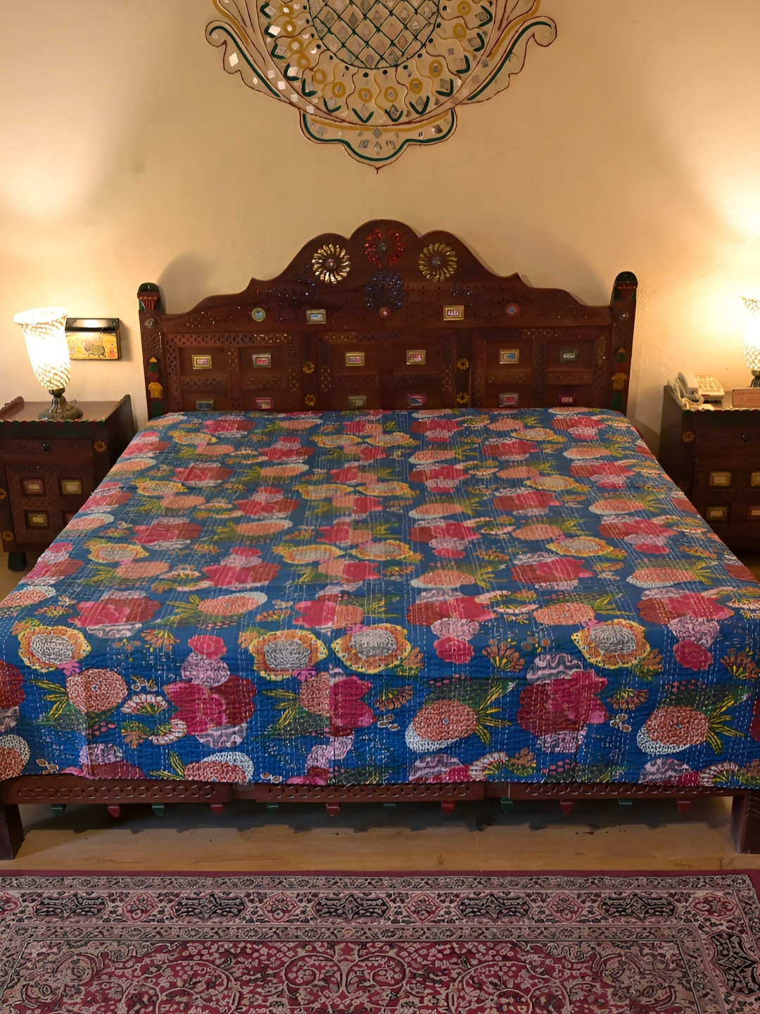 

Chokhi Dhani Kalagram Blue& Pink Floral Cotton Queen Bedsheet