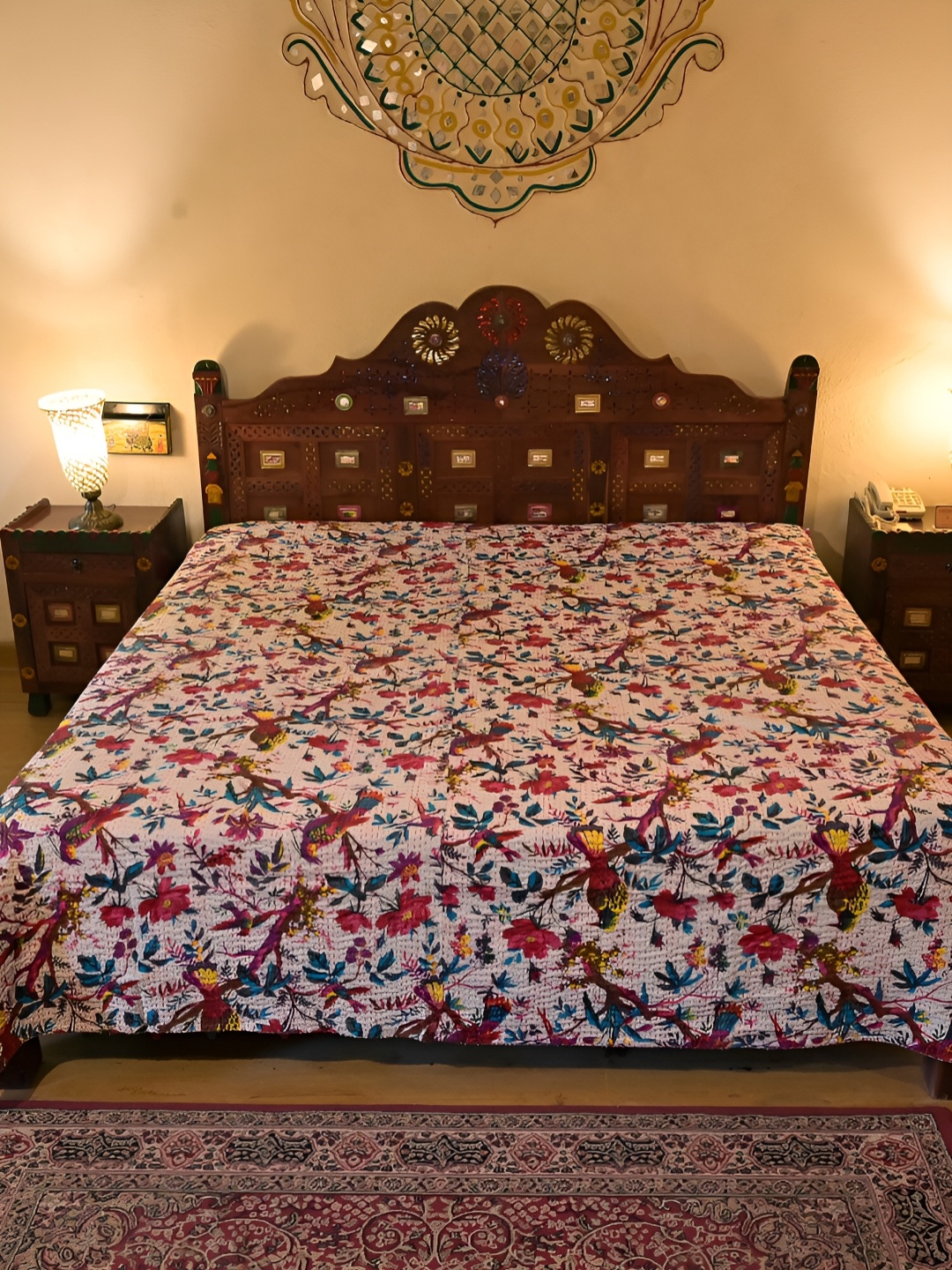 

Chokhi Dhani Kalagram White& Pink Ethnic Motifs Cotton Queen Bedsheet