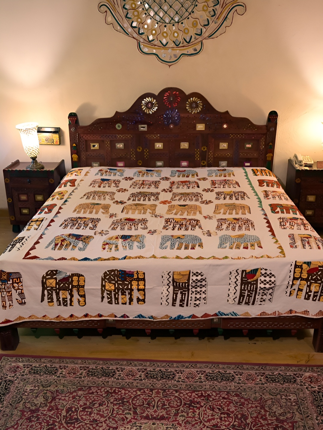 

Chokhi Dhani Kalagram White& Yellow Ethnic Motifs Cotton Queen Bedsheet