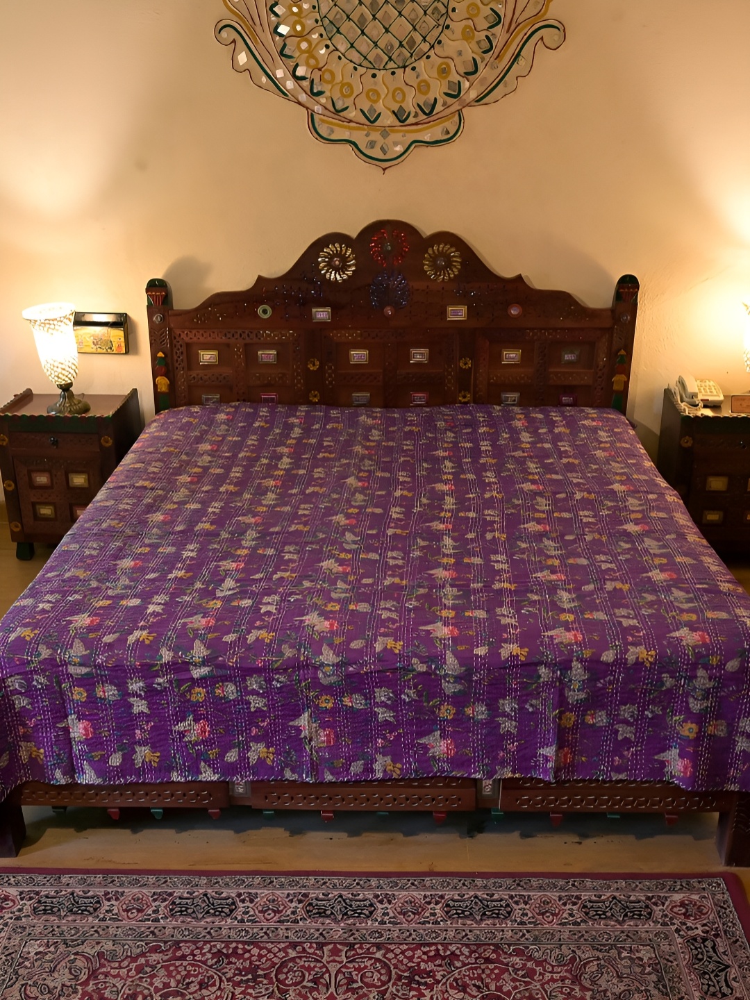 

Chokhi Dhani Kalagram Block Print Purple &White Floral Cotton Queen Bedsheet