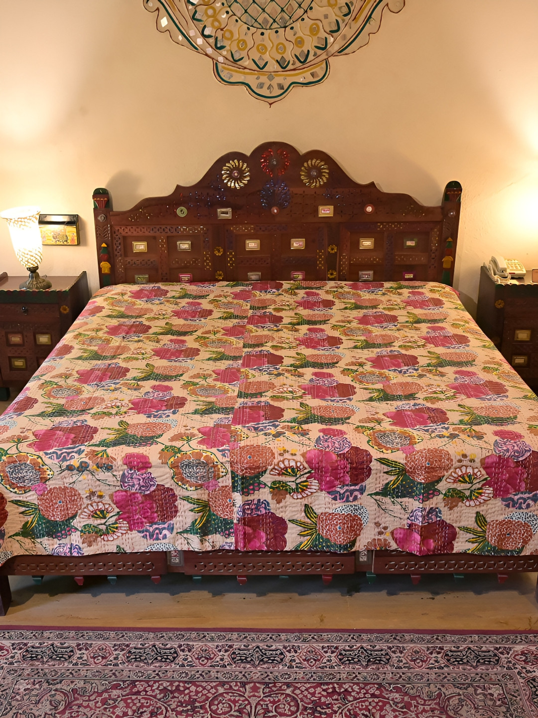 

Chokhi Dhani Kalagram Block Print Cream& Pink Floral Cotton Queen Bedsheet