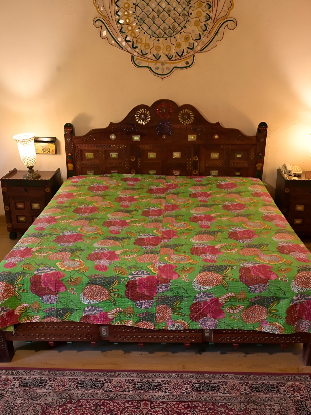 

Chokhi Dhani Kalagram Block Print Green& Yellow Floral Cotton Queen Bedsheet