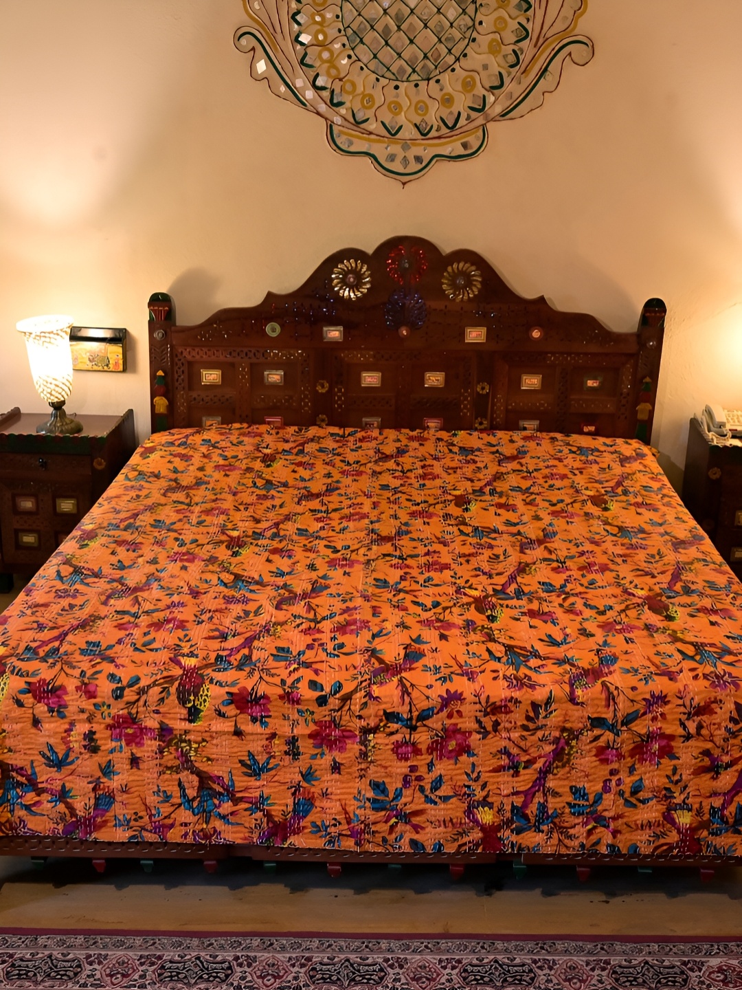 

Chokhi Dhani Kalagram Block Print Orange &Blue Floral Cotton Queen Bedsheet
