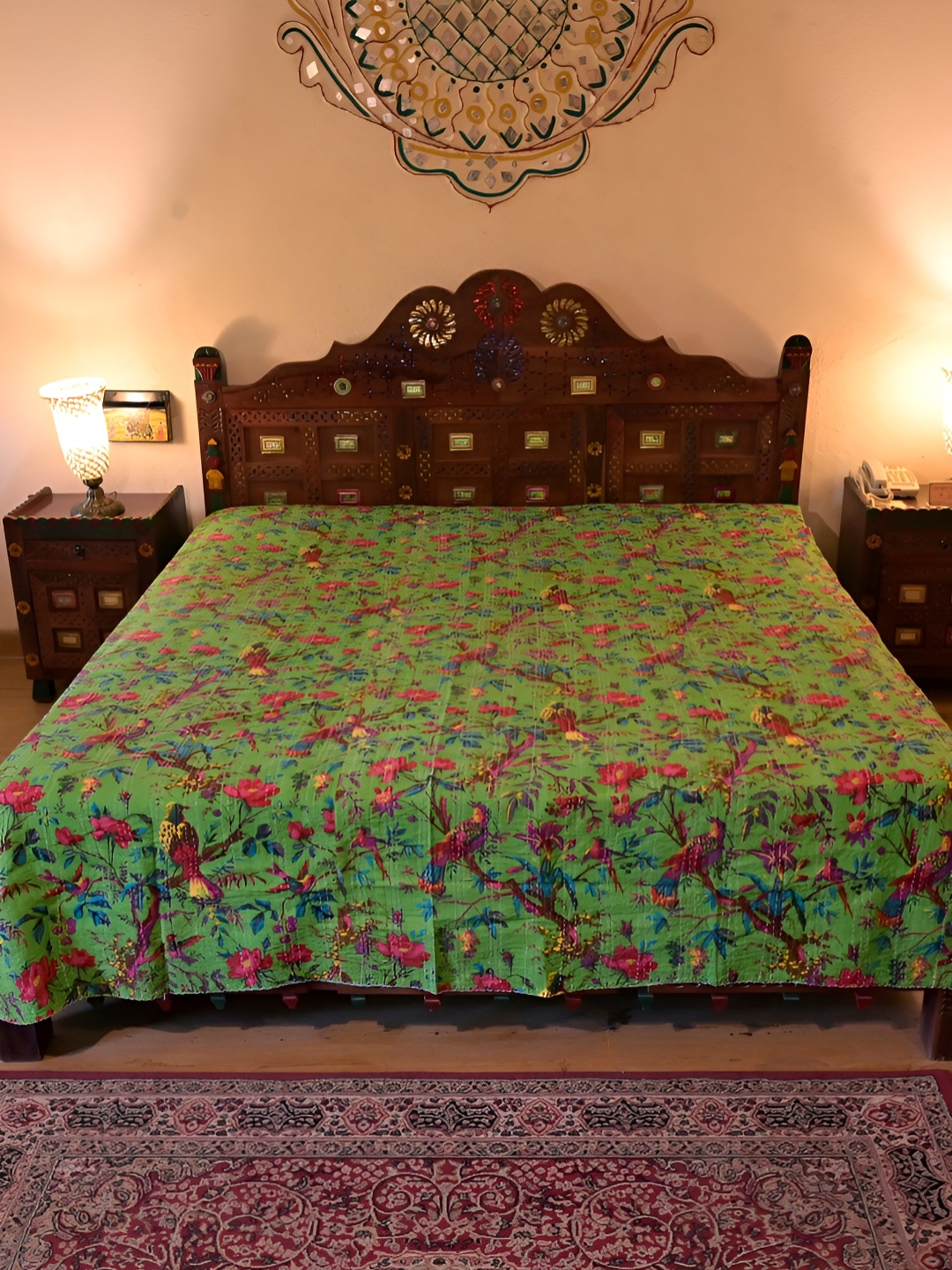

Chokhi Dhani Kalagram Lime Green& Pink Floral Cotton Queen Bedsheet