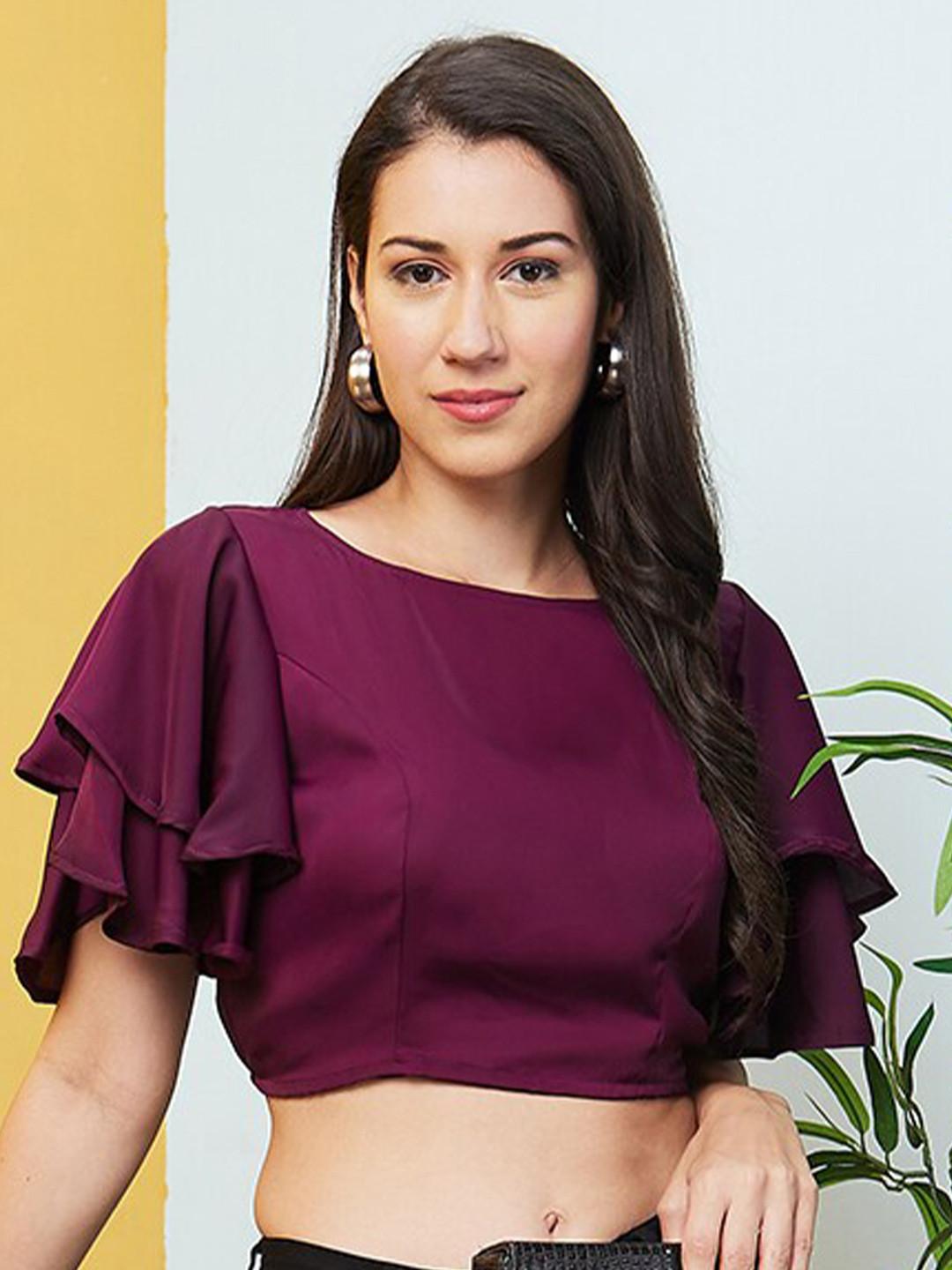

Globus Flared Sleeves Crop Top, Purple