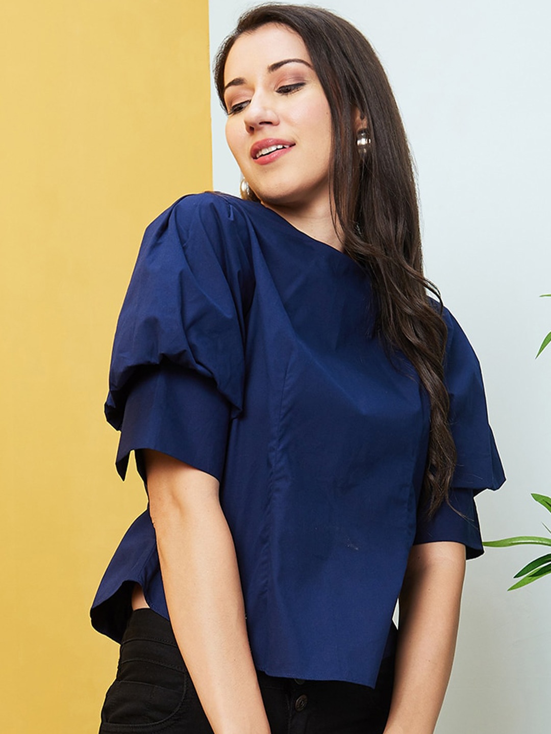 Globus Back Buttoned Pure Cotton Top, Navy blue