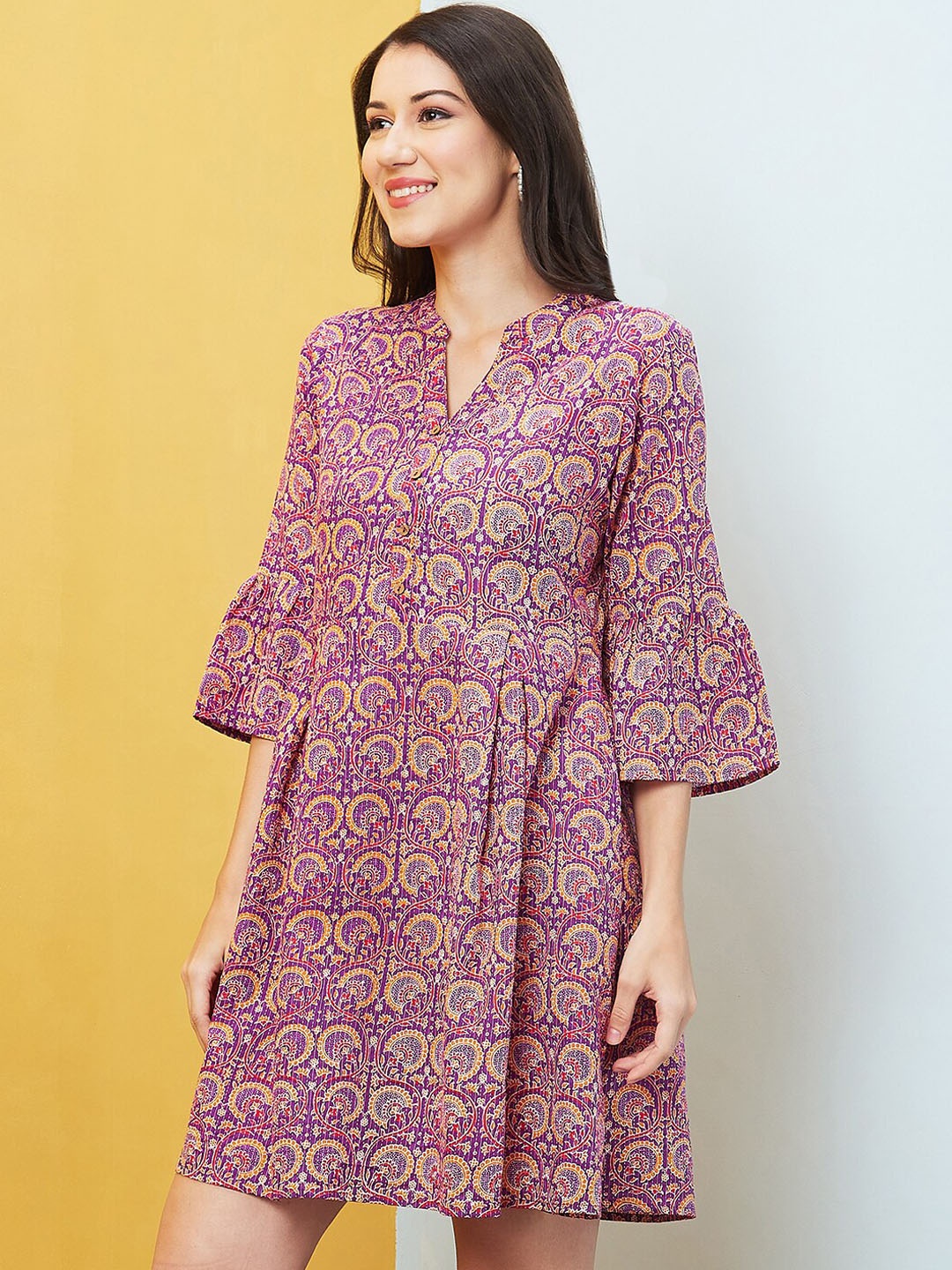 

Globus Floral Print Mandarin Collar Flared Fusion A-Line Dress, Purple