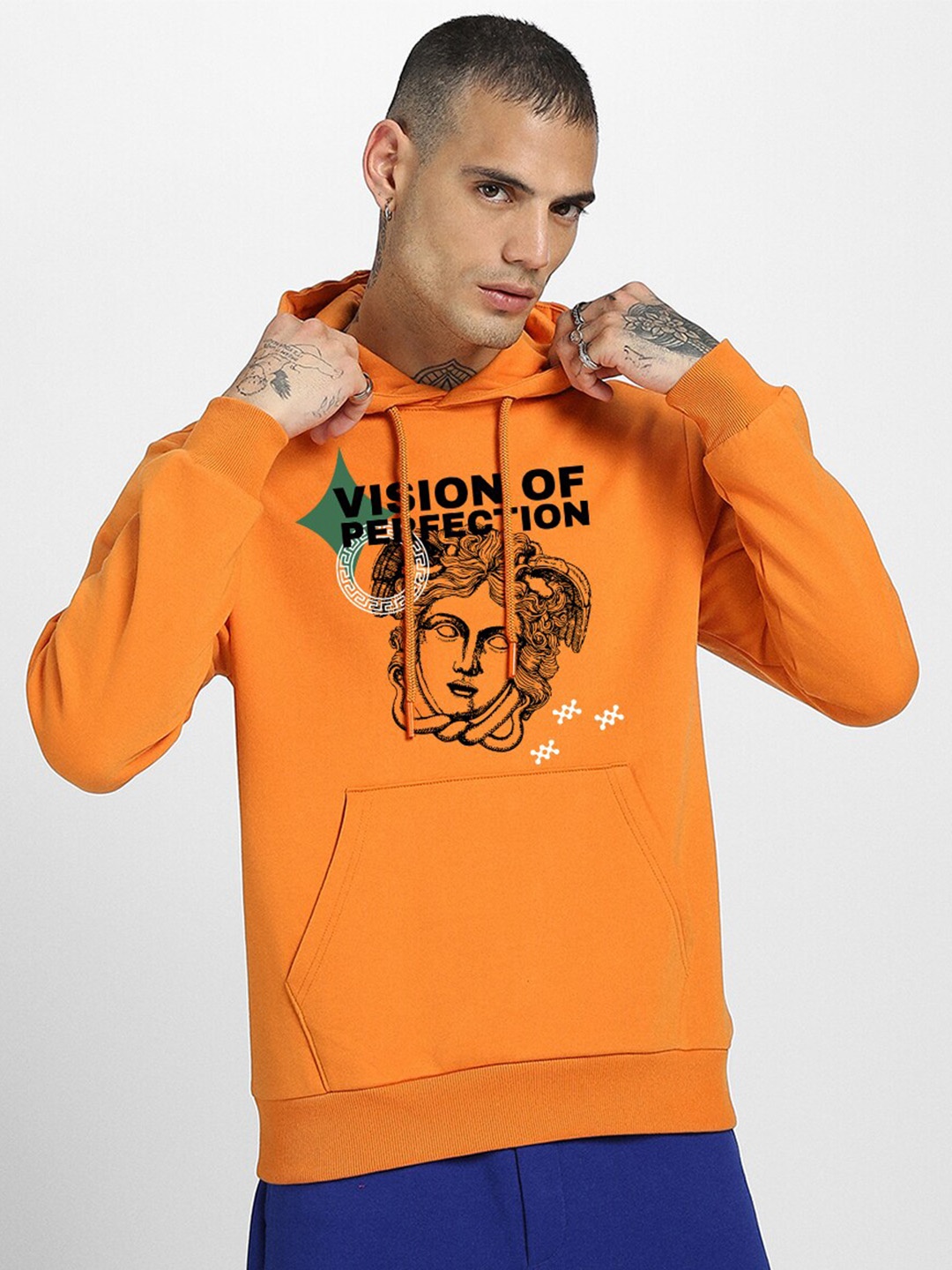 

VEIRDO Graphic Printed Hooded Fleece Pullover Sweatshirt, Orange