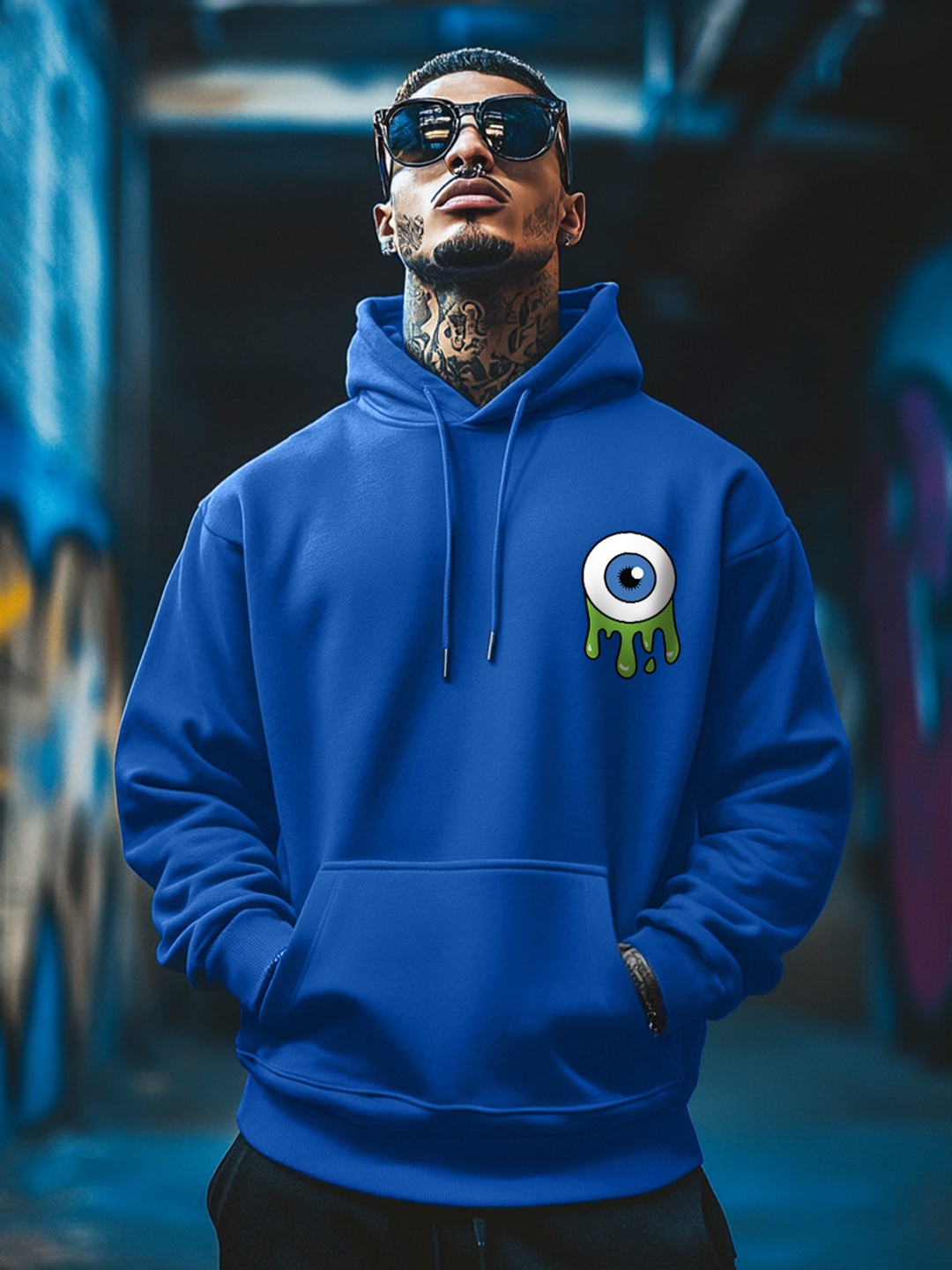 

VEIRDO Graphic Printed Hooded Oversized Fleece Pullover Sweatshirt, Blue
