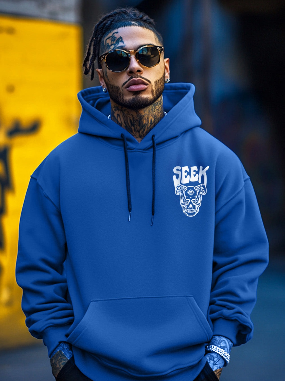 

VEIRDO Graphic Printed Hooded Fleece Oversized Pullover Sweatshirt, Blue