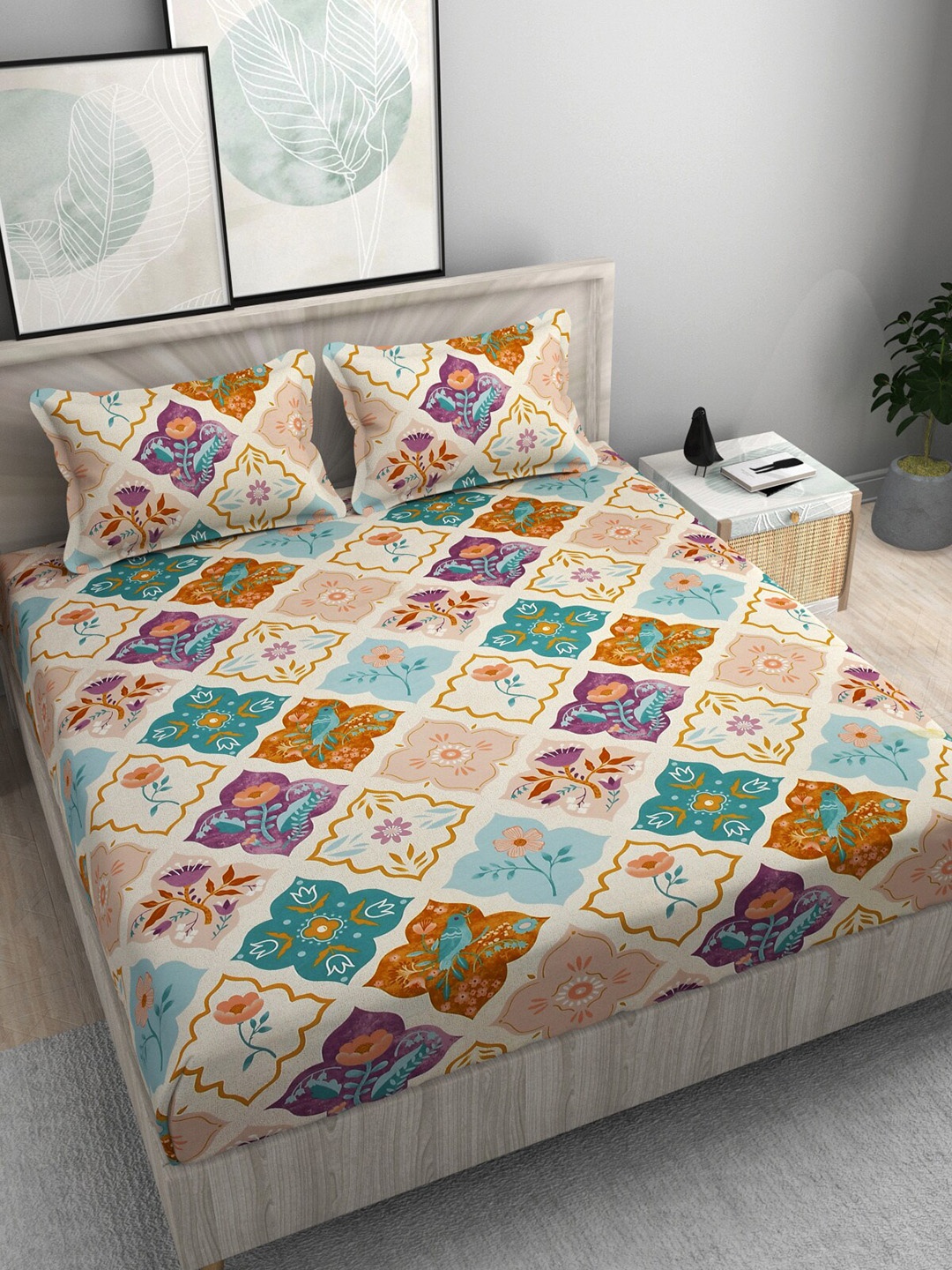 

FINE TEX WORLD Abstract 210 TC King Fitted 160GSM Bedsheet With 2 Pillow Covers, Beige