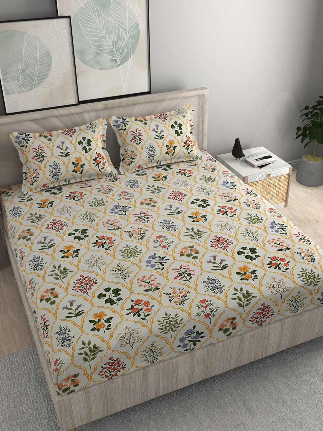 

FINE TEX WORLD Beige Yellow Floral 210 TC King Fitted 160GSM Bedsheet With 2 Pillow Covers