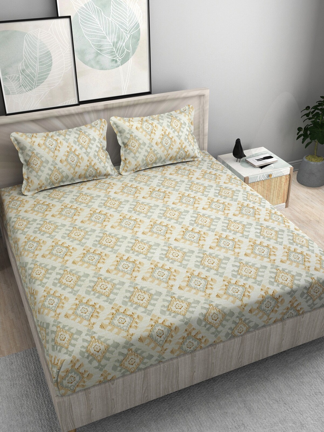 

FINE TEX WORLD Beige Grey Abstract 210 TC King Fitted 160GSM Bedsheet With 2 Pillow Covers