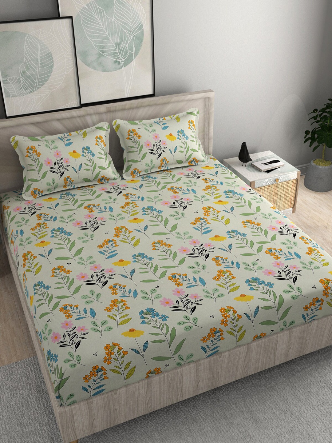 

FINE TEX WORLD Green Yellow Floral 210 TC King Fitted 160GSM Bedsheet With 2 Pillow Covers