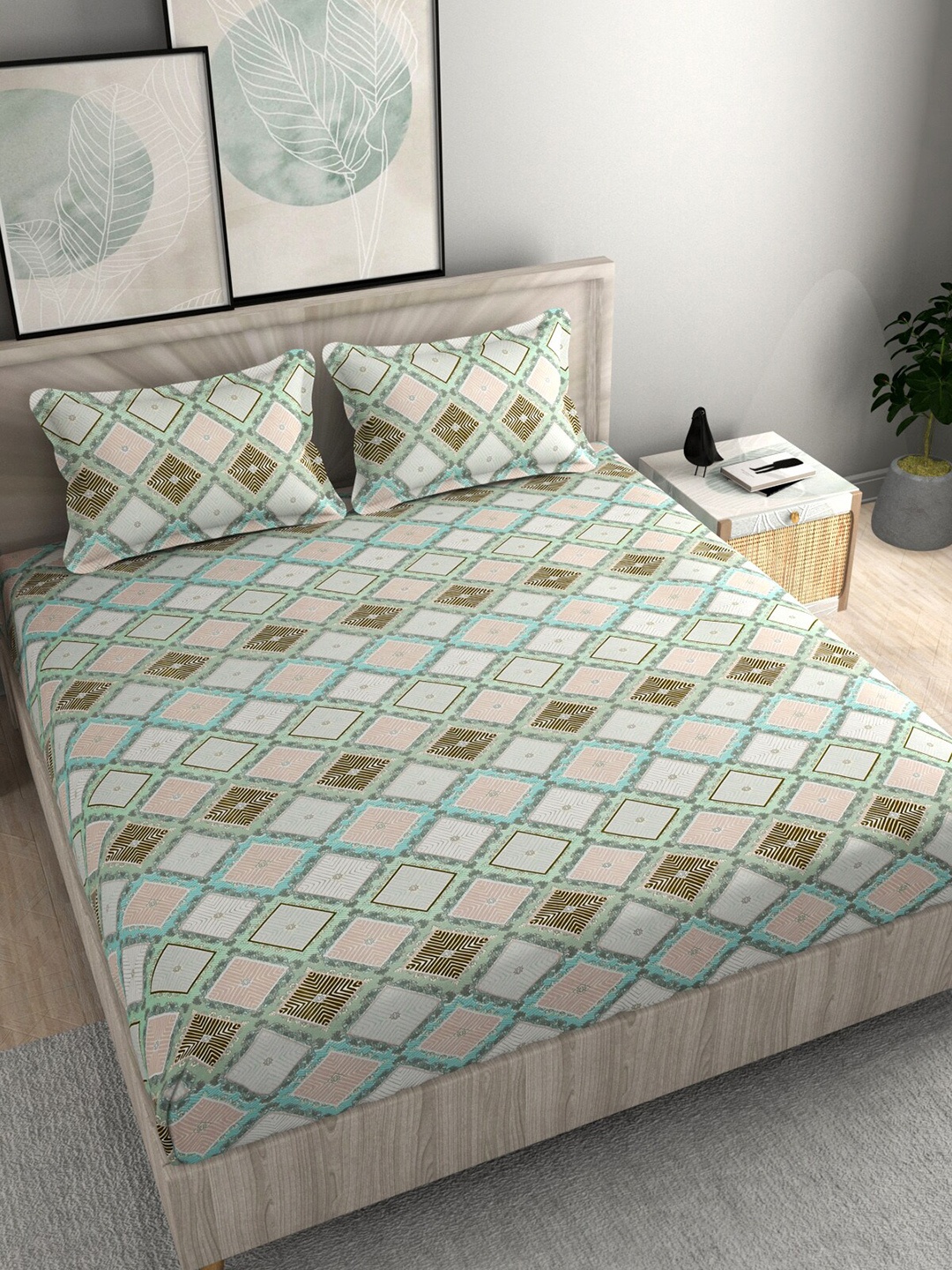 

FINE TEX WORLD Geometric 210 TC King Fitted 160GSM Bedsheet With 2 Pillow Covers, Turquoise blue