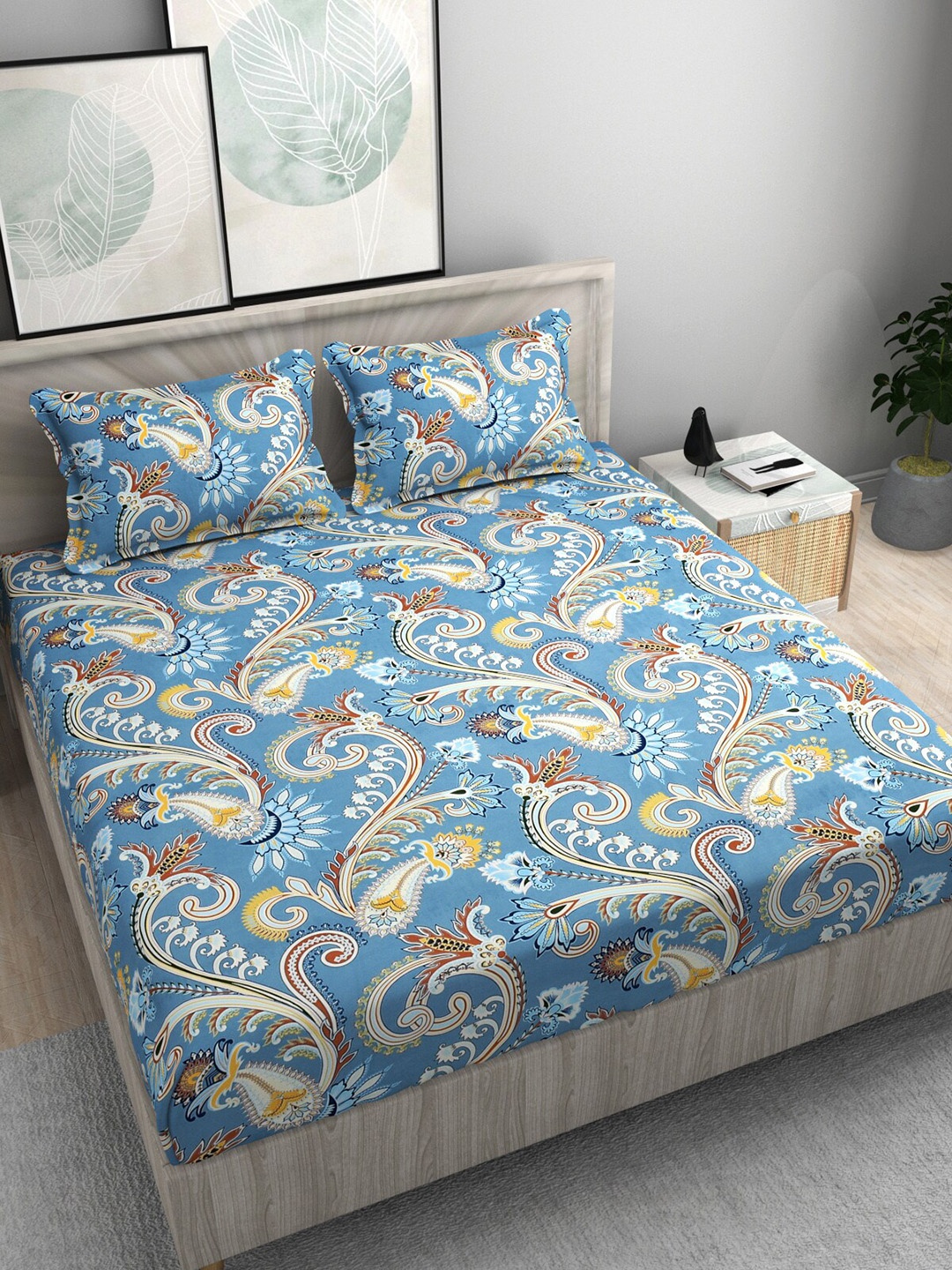 

FINE TEX WORLD Blue Yellow Ethnic Motifs 210 TC King 160GSM Bedsheet With 2 Pillow Covers