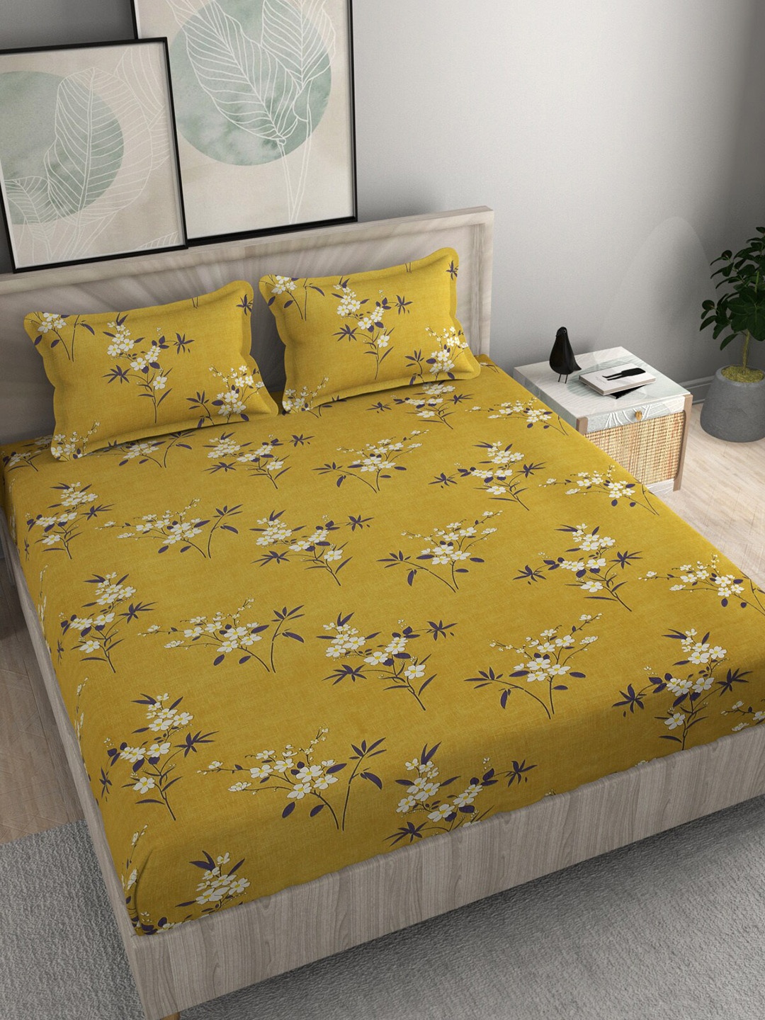 

FINE TEX WORLD Olive Floral 210 TC King 160GSM Bedsheet With 2 Pillow Covers