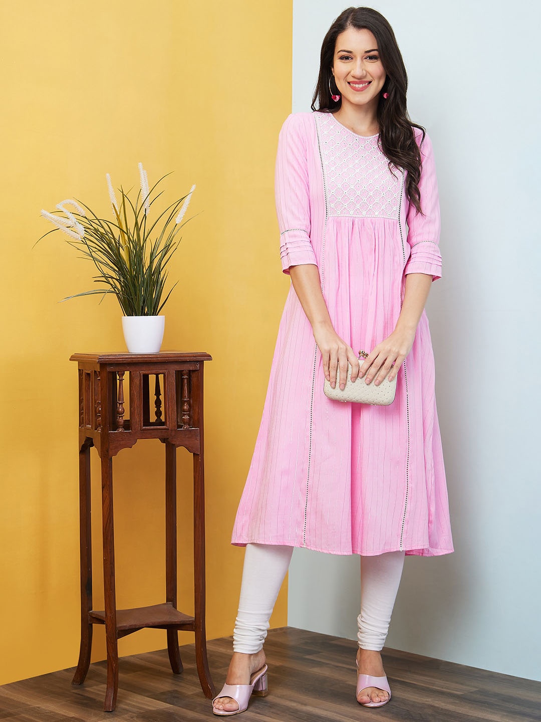 

Globus Pink Striped Mirror Work A-Line Pleated Kurta