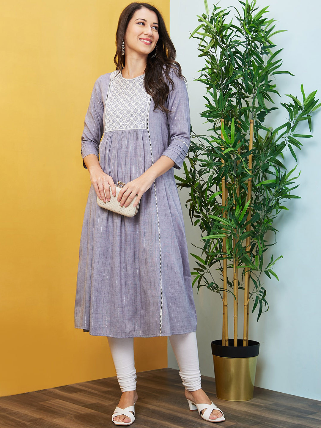 

Globus Striped Thread Work Detail Panelled A-Line Kurta, Grey
