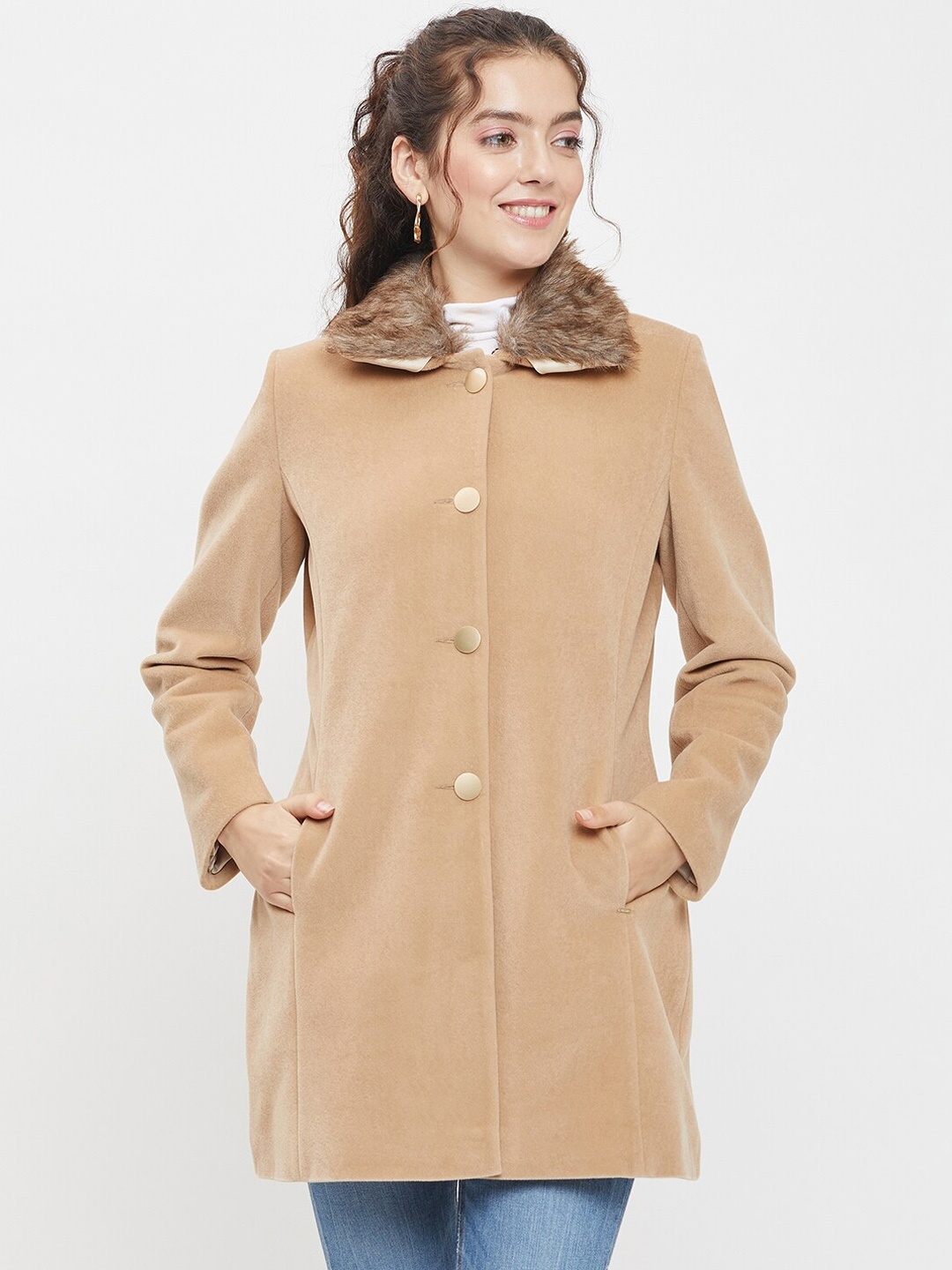 

Okane Single-Breasted Faux Fur Trim Overcoat, Beige