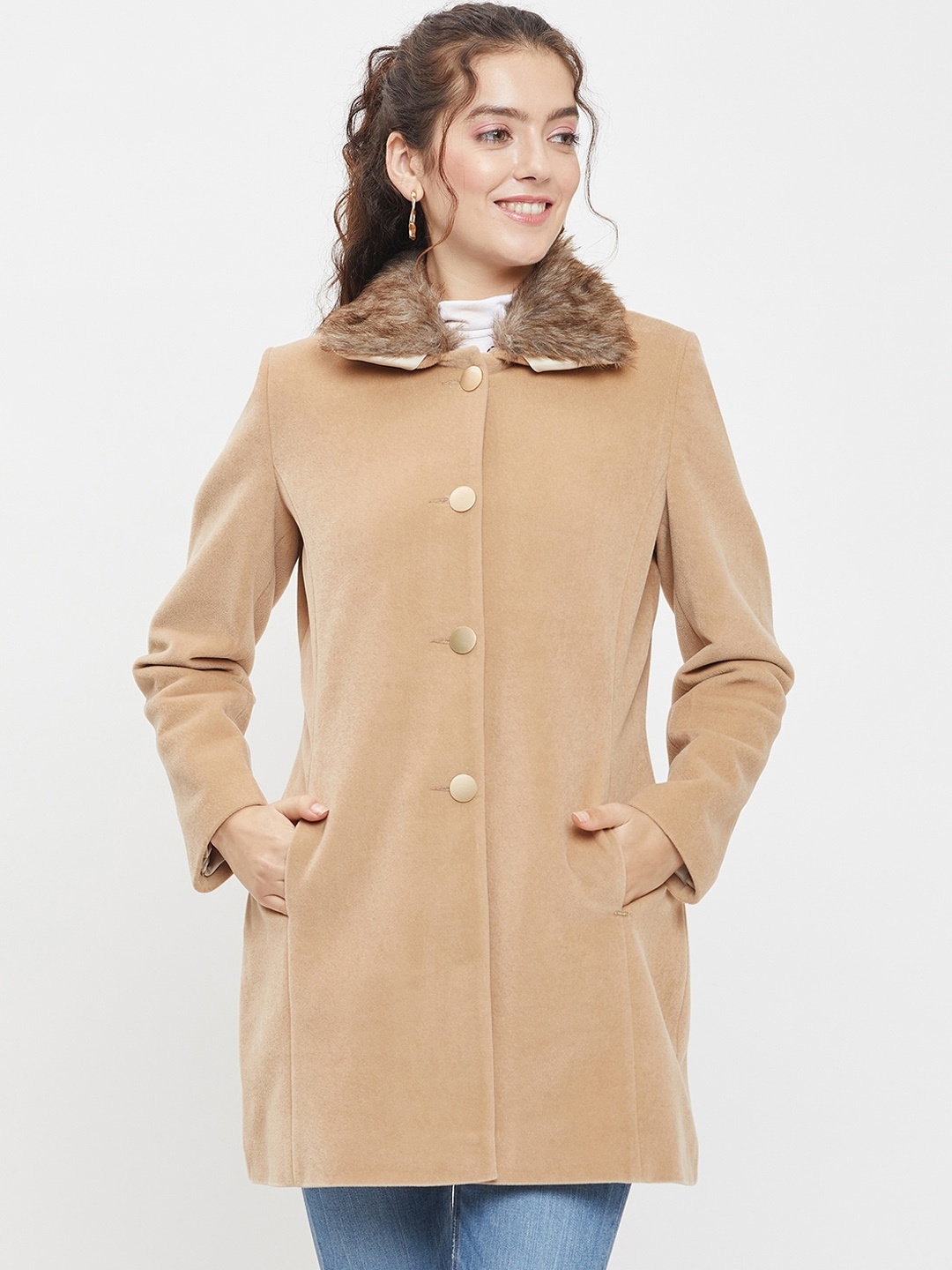 

Okane Single-Breasted Faux Fur Trim Woollen Overcoat, Beige