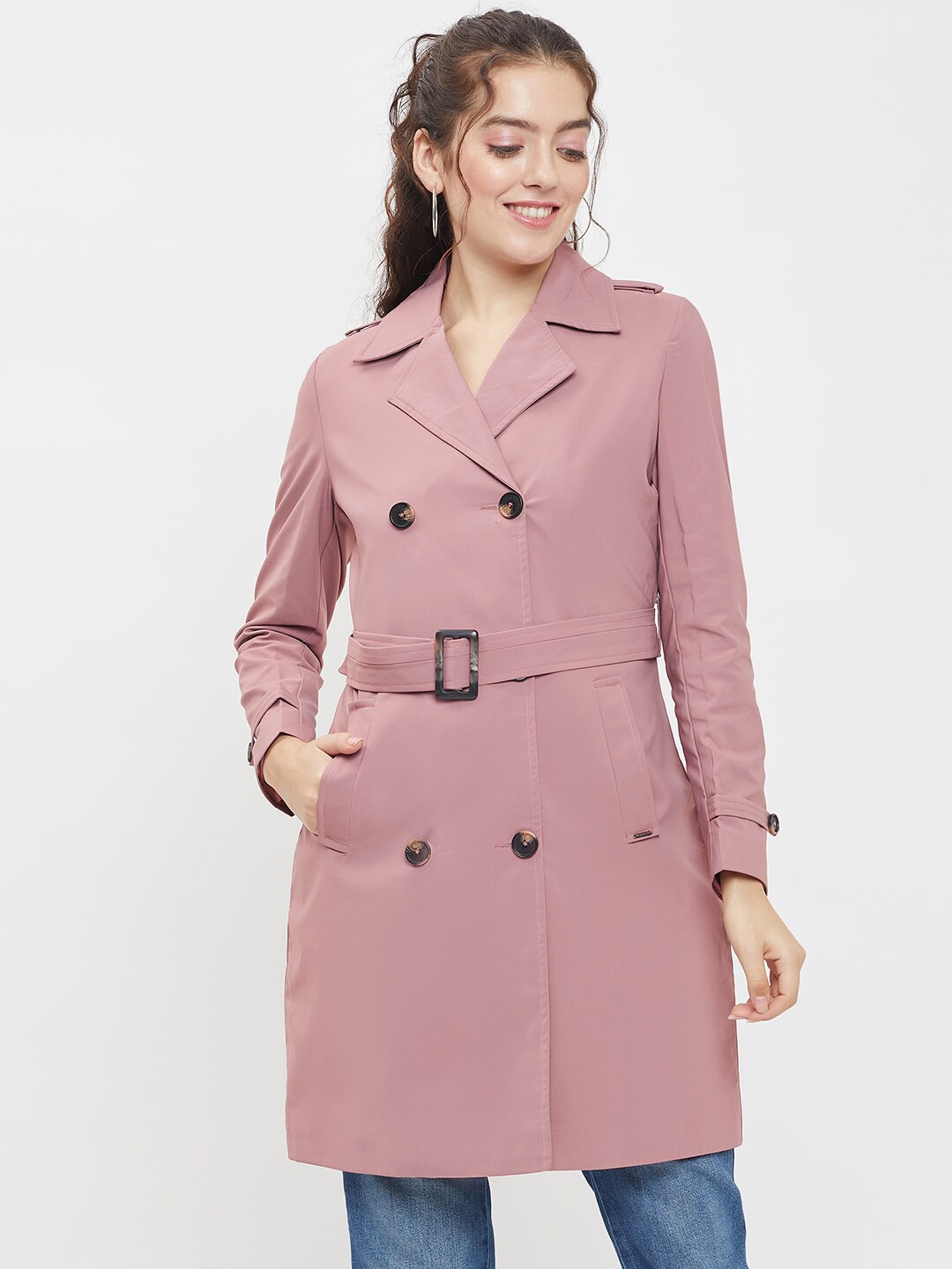 

Okane Notched Lapel Collar Double-Breasted Overcoat, Pink