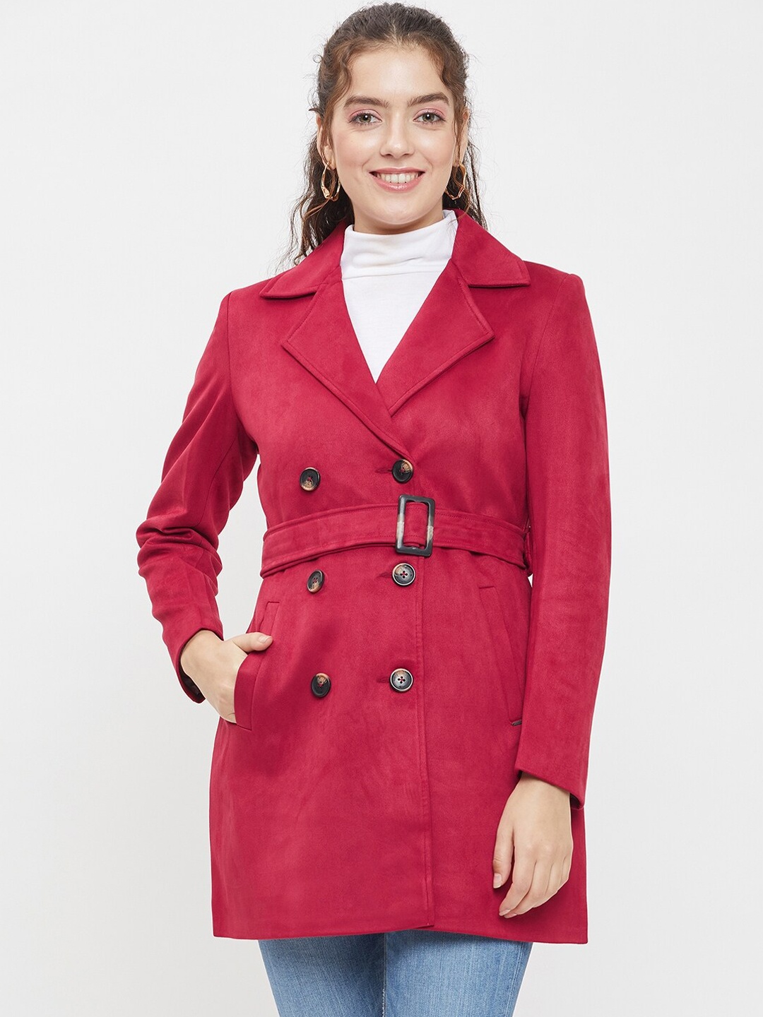 

Okane Notched Lapel Collar Double-Breasted Suede Overcoat, Red