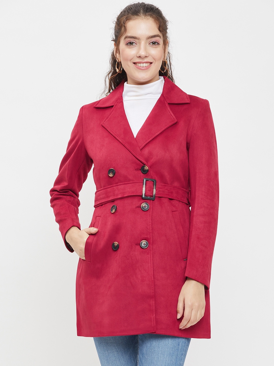 

Okane Notched Lapel Collar Double-Breasted Suede Overcoat, Red