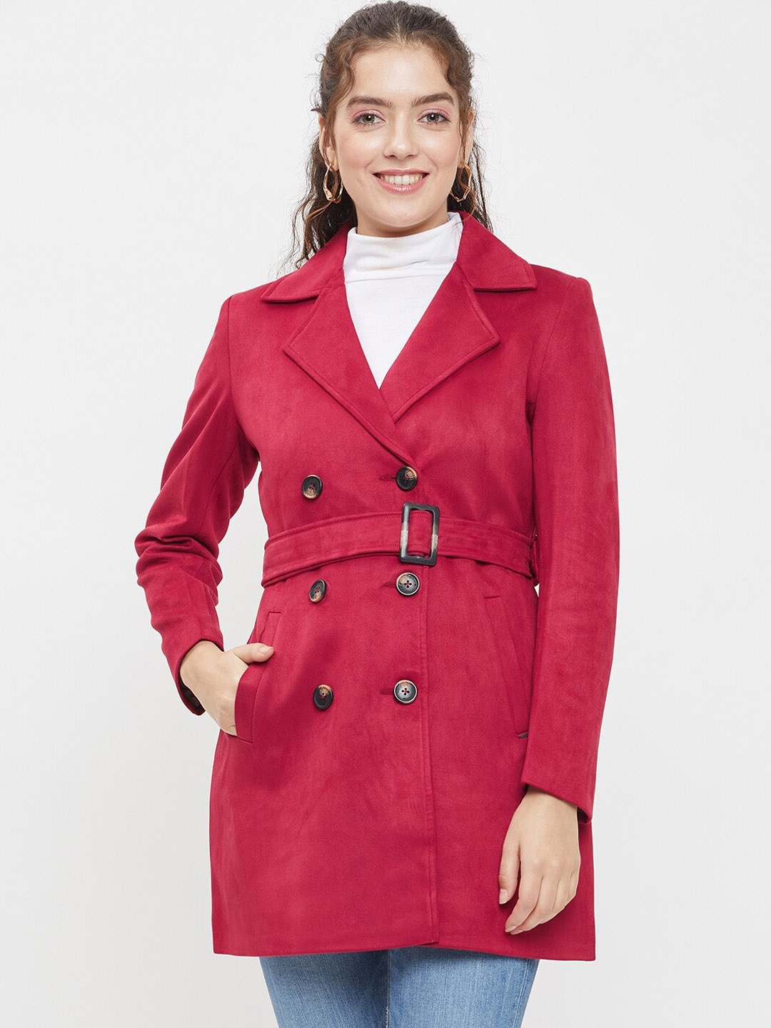 

Okane Double-Breasted Suede Overcoat, Maroon