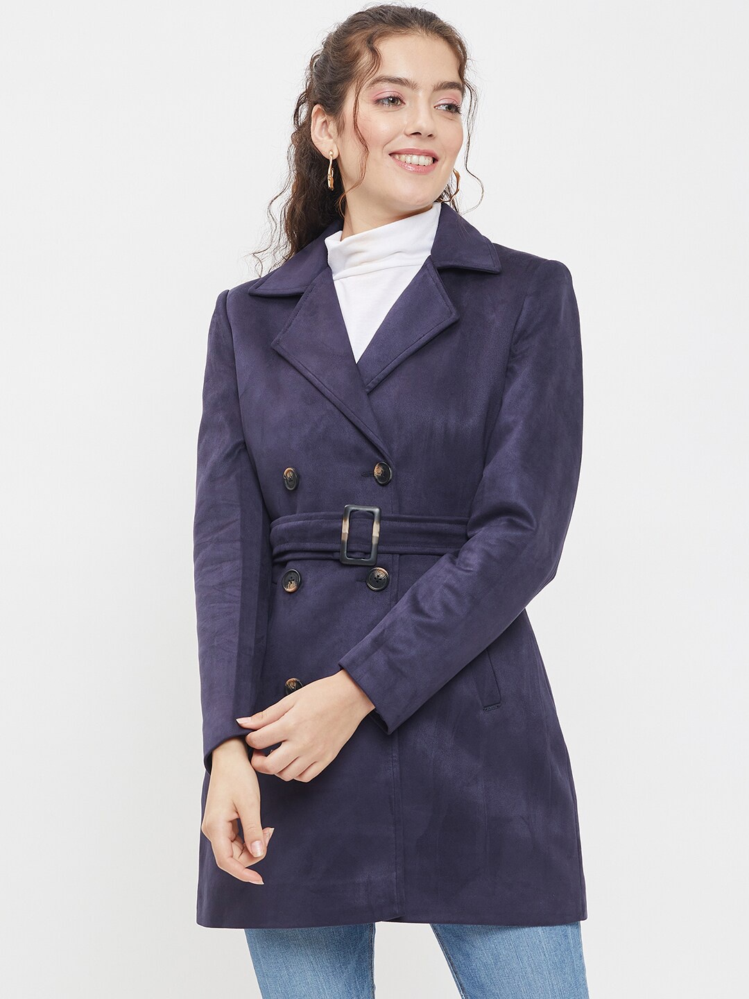 

Okane Notched Lapel Collar Double-Breasted Suede Overcoat, Navy blue